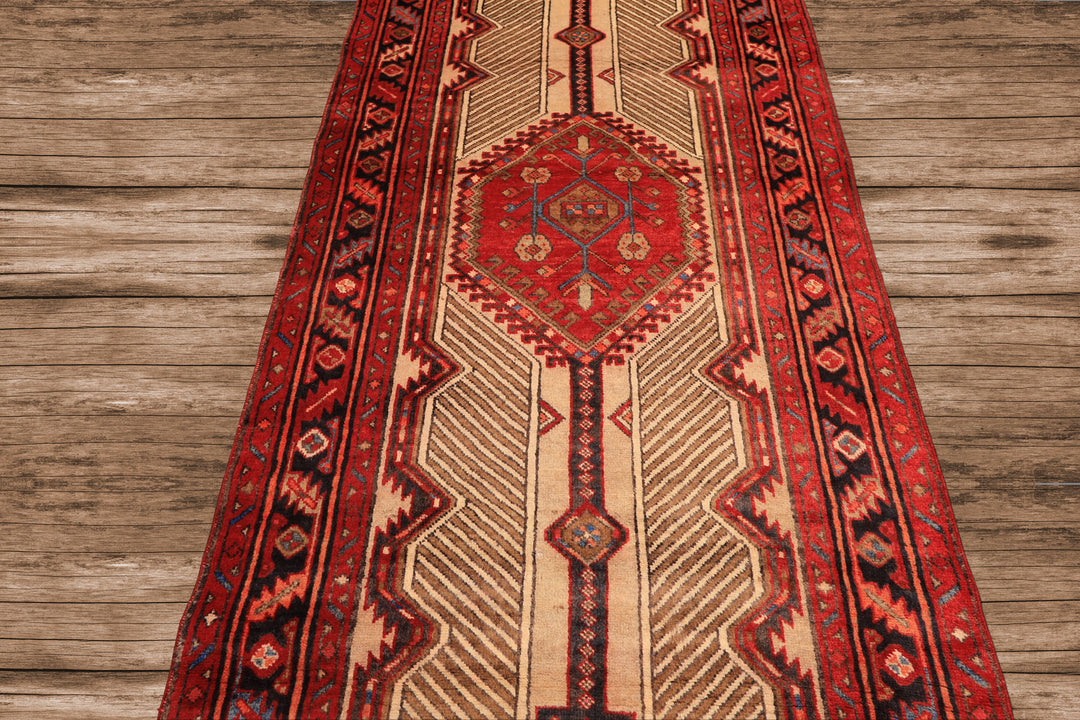 Runner Beige, Red, Rose Color Hand Knotted Heriz Wool Traditional Oriental Rug