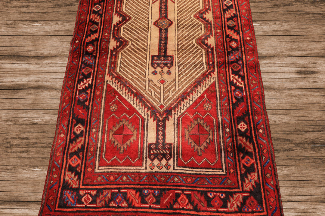Runner Beige, Red, Rose Color Hand Knotted Heriz Wool Traditional Oriental Rug