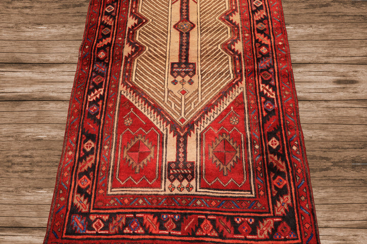 Runner Beige, Red, Rose Color Hand Knotted Heriz Wool Traditional Oriental Rug