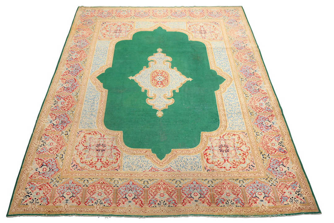 9x12 Green, Ivory, Rose Color Hand Knotted Kerman Wool Traditional Oriental Rug