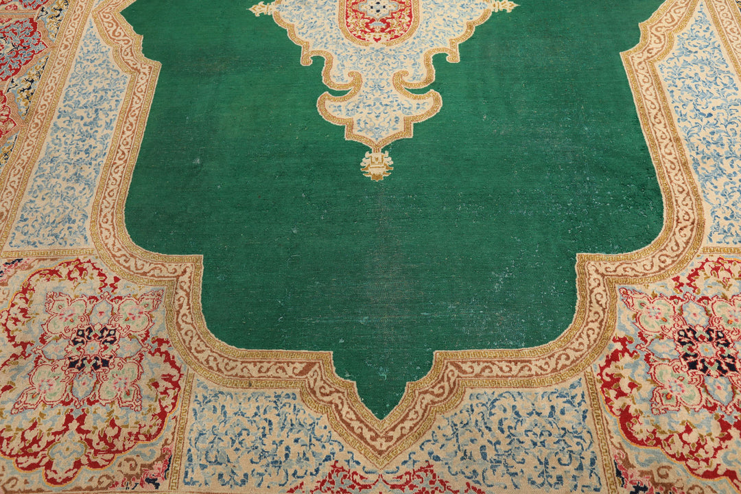 9x12 Green, Ivory, Rose Color Hand Knotted Kerman Wool Traditional Oriental Rug