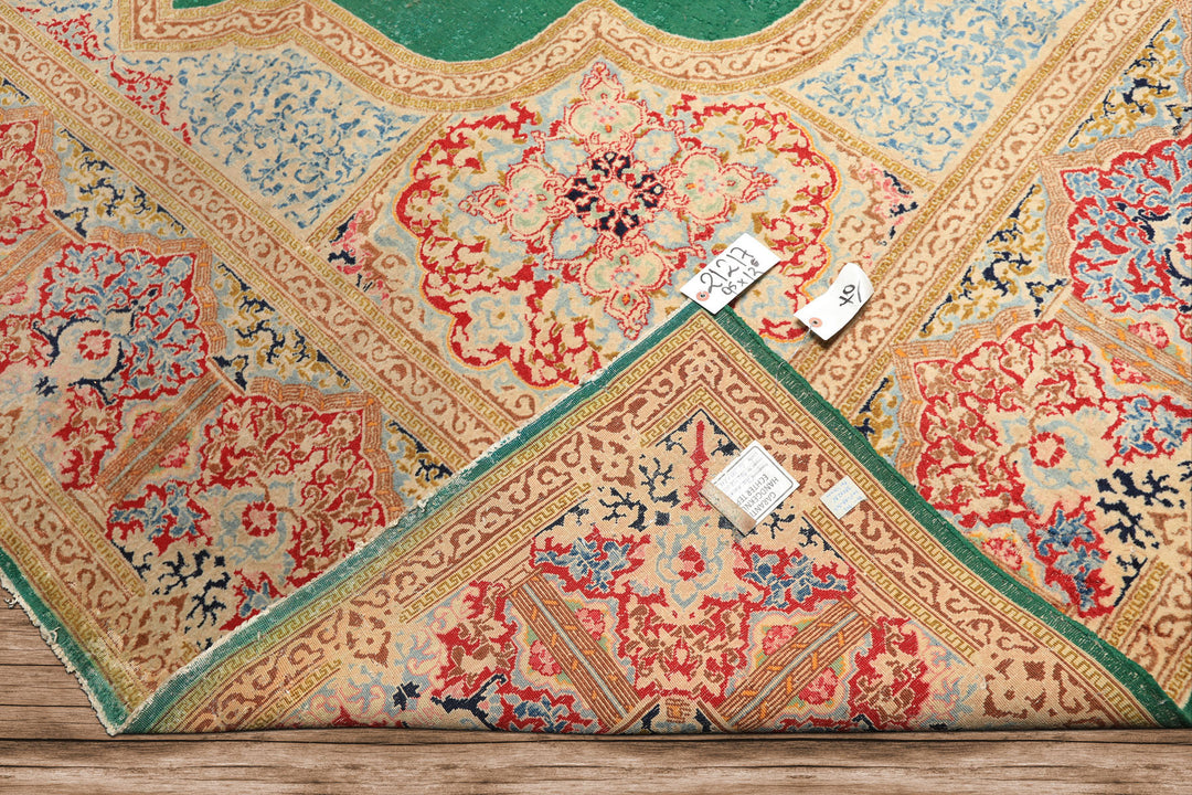 9x12 Green, Ivory, Rose Color Hand Knotted Kerman Wool Traditional Oriental Rug