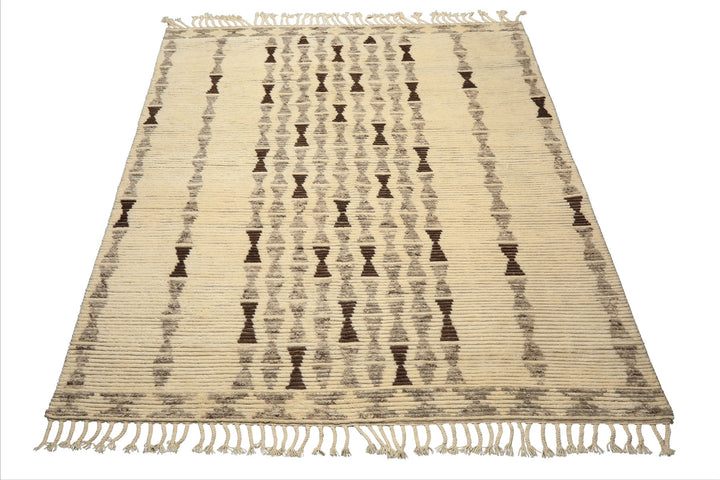 8x10 Ivory, Taupe, Chocolate Color Hand Knotted Moroccan Wool Modern & Contemporary Oriental Rug