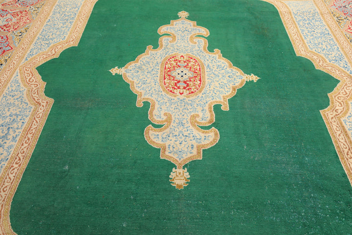 9x12 Green, Ivory, Rose Color Hand Knotted Kerman Wool Traditional Oriental Rug
