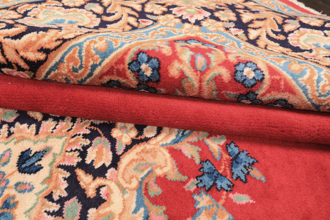 7x10 Red, Navy, Aqua Color Hand Knotted Kerman Wool Traditional Oriental Rug