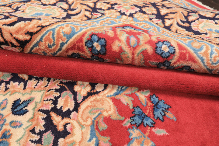 7x10 Red, Navy, Aqua Color Hand Knotted Kerman Wool Traditional Oriental Rug
