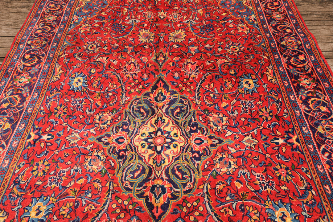 7x11 Red, Navy, Gold Color Hand Knotted Sarouk Wool Traditional Oriental Rug
