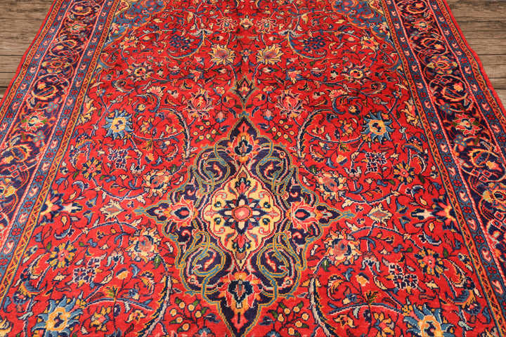 7x11 Red, Navy, Gold Color Hand Knotted Sarouk Wool Traditional Oriental Rug