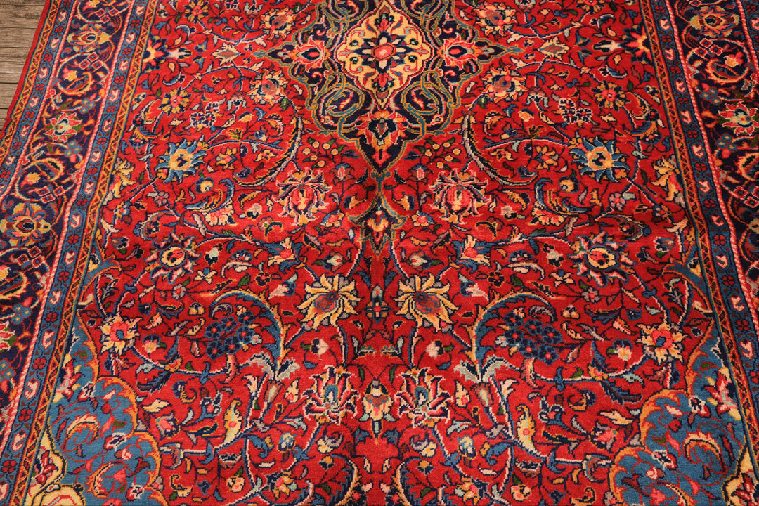 7x11 Red, Navy, Gold Color Hand Knotted Sarouk Wool Traditional Oriental Rug