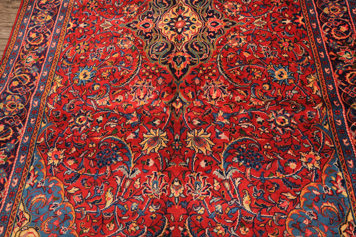 7x11 Red, Navy, Gold Color Hand Knotted Sarouk Wool Traditional Oriental Rug