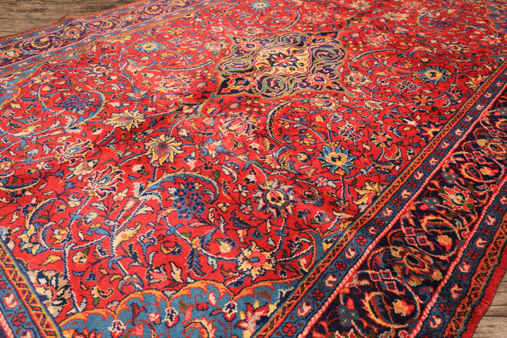 7x11 Red, Navy, Gold Color Hand Knotted Sarouk Wool Traditional Oriental Rug