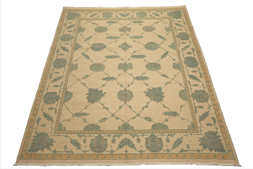 8x10 Ivory, Aqua, Light Gold Color Hand Knotted Nourison Nourmak Soumak Wool & Silk Transitional Oriental Rug