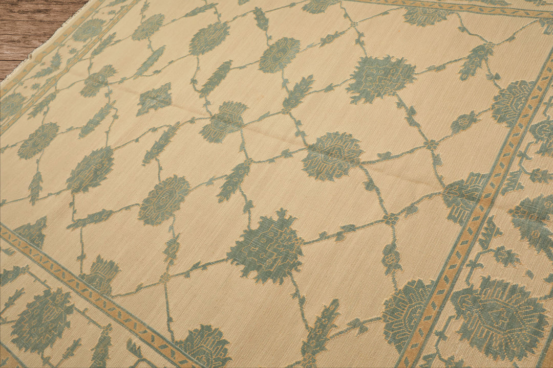 8x10 Ivory, Aqua, Light Gold Color Hand Knotted Nourison Nourmak Soumak Wool & Silk Transitional Oriental Rug