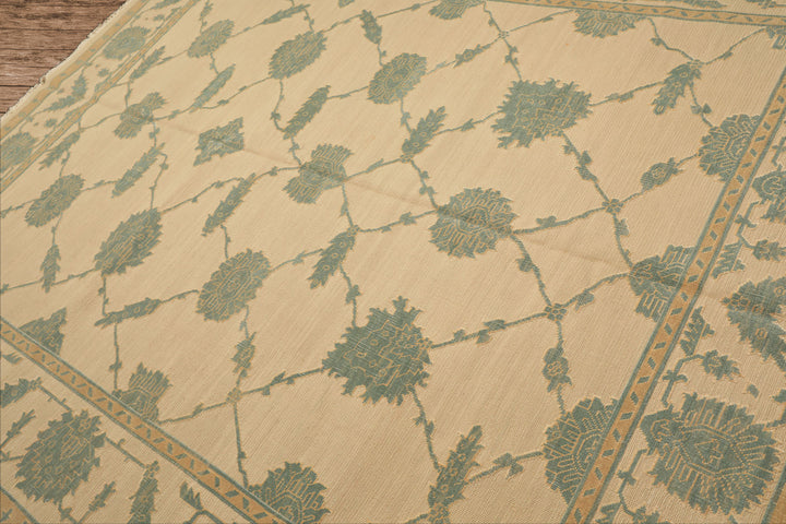 8x10 Ivory, Aqua, Light Gold Color Hand Knotted Nourison Nourmak Soumak Wool & Silk Transitional Oriental Rug