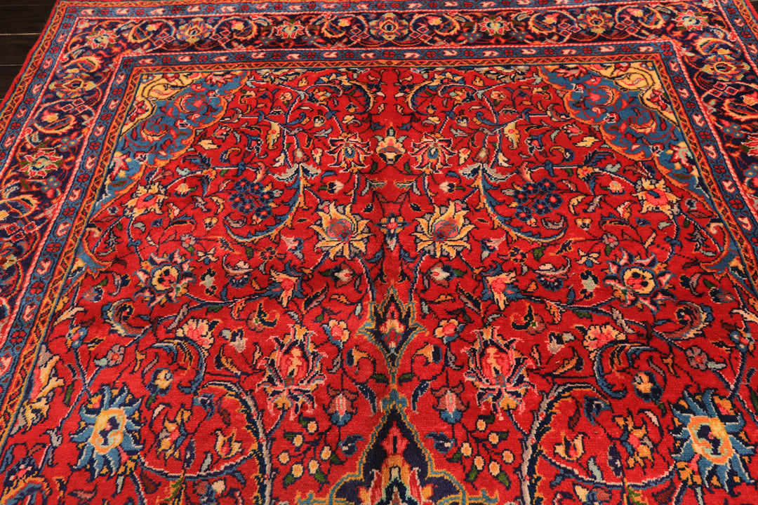 7x11 Red, Navy, Gold Color Hand Knotted Sarouk Wool Traditional Oriental Rug