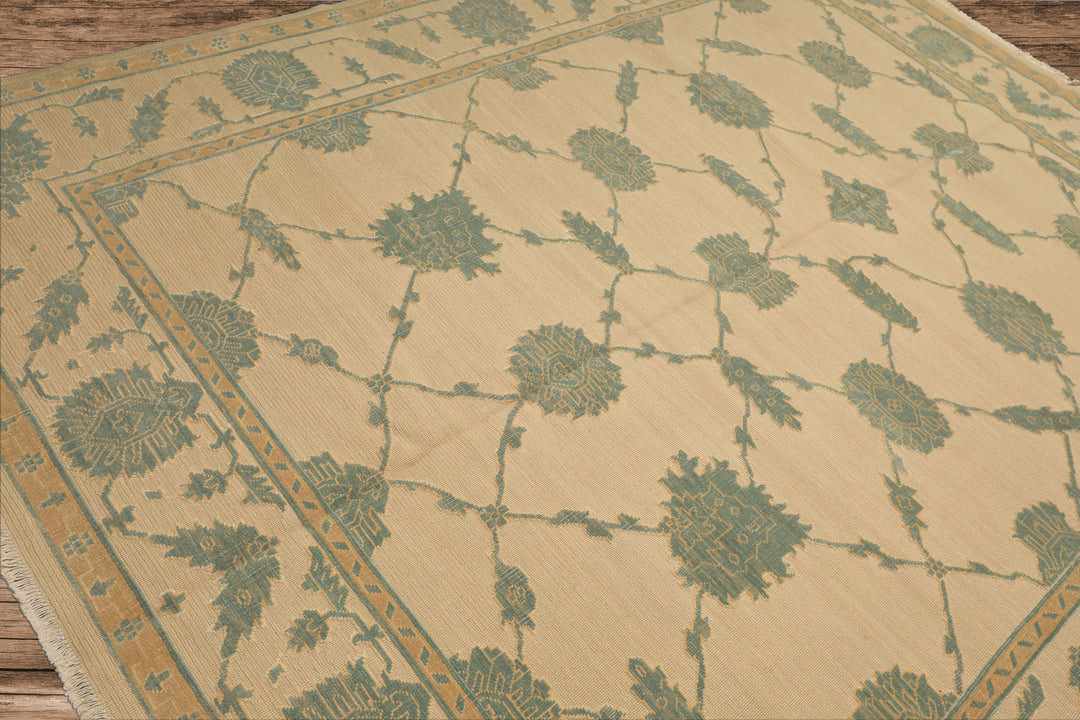 8x10 Ivory, Aqua, Light Gold Color Hand Knotted Nourison Nourmak Soumak Wool & Silk Transitional Oriental Rug