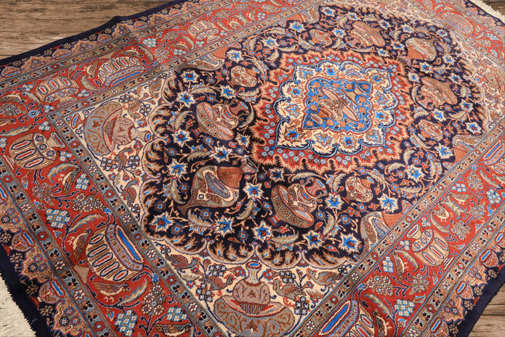6x9 Navy, Burnt Orange, Ivory Color Hand Knotted Kashmar Wool Traditional Oriental Rug