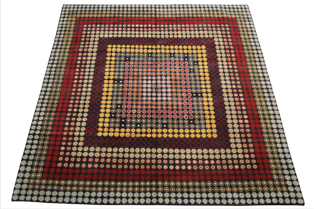 7x8 Dark Gray, Gold, Red Color Hand Knotted Tibetan Wool Modern & Contemporary Oriental Rug