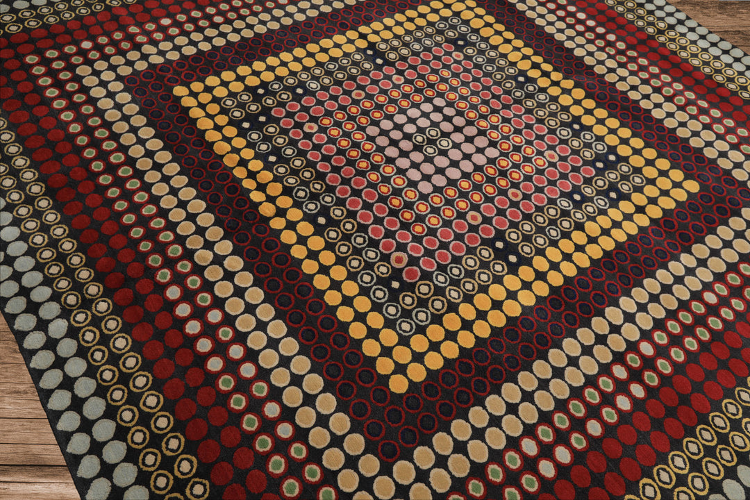 7x8 Dark Gray, Gold, Red Color Hand Knotted Tibetan Wool Modern & Contemporary Oriental Rug