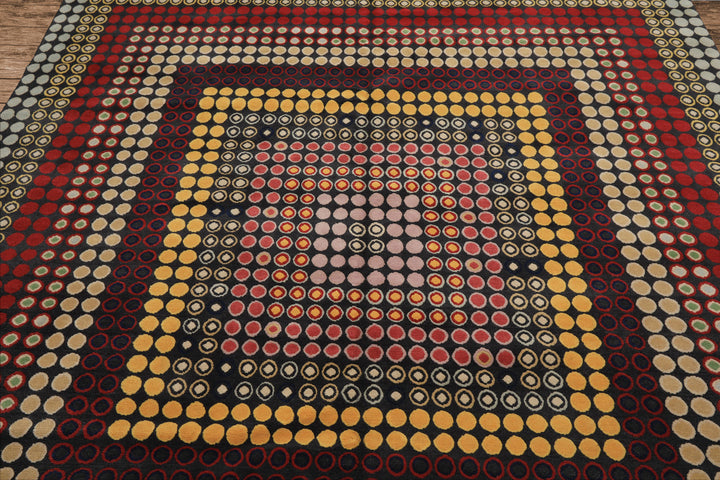 7x8 Dark Gray, Gold, Red Color Hand Knotted Tibetan Wool Modern & Contemporary Oriental Rug