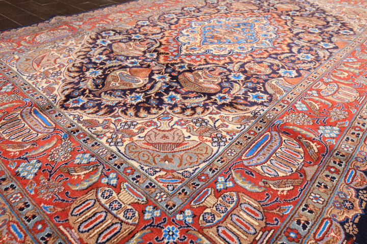 6x9 Navy, Burnt Orange, Ivory Color Hand Knotted Kashmar Wool Traditional Oriental Rug