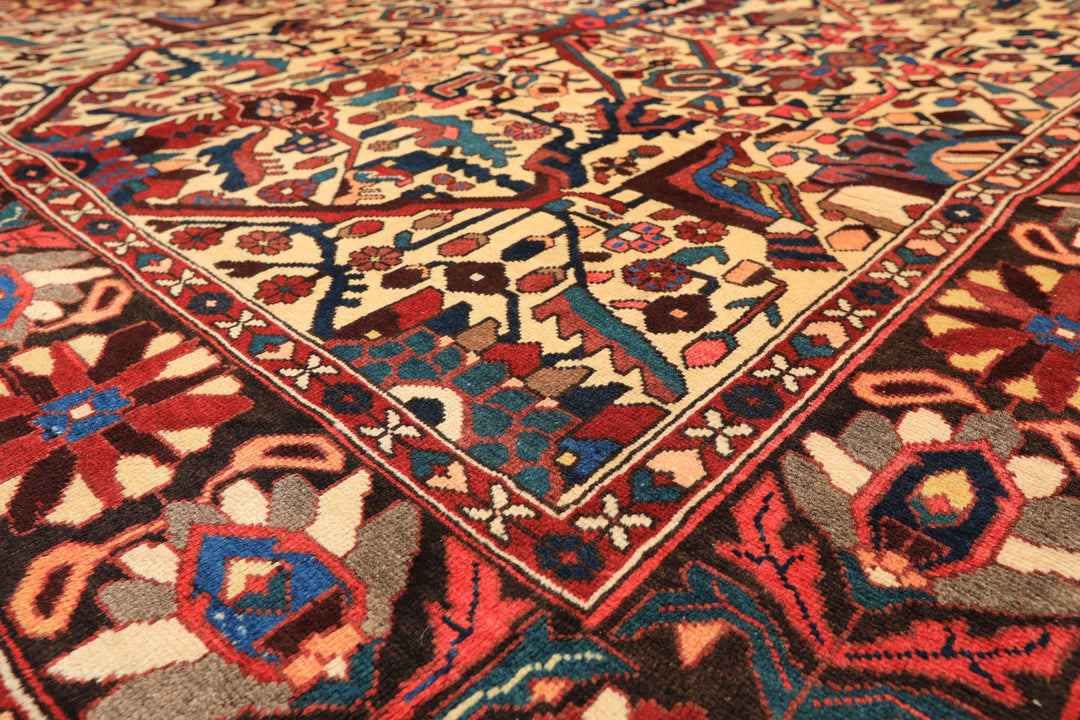 7x10 Ivory, Chocolate, Navy Color Hand Knotted Char Mahal Bhaktiari Wool Traditional Oriental Rug