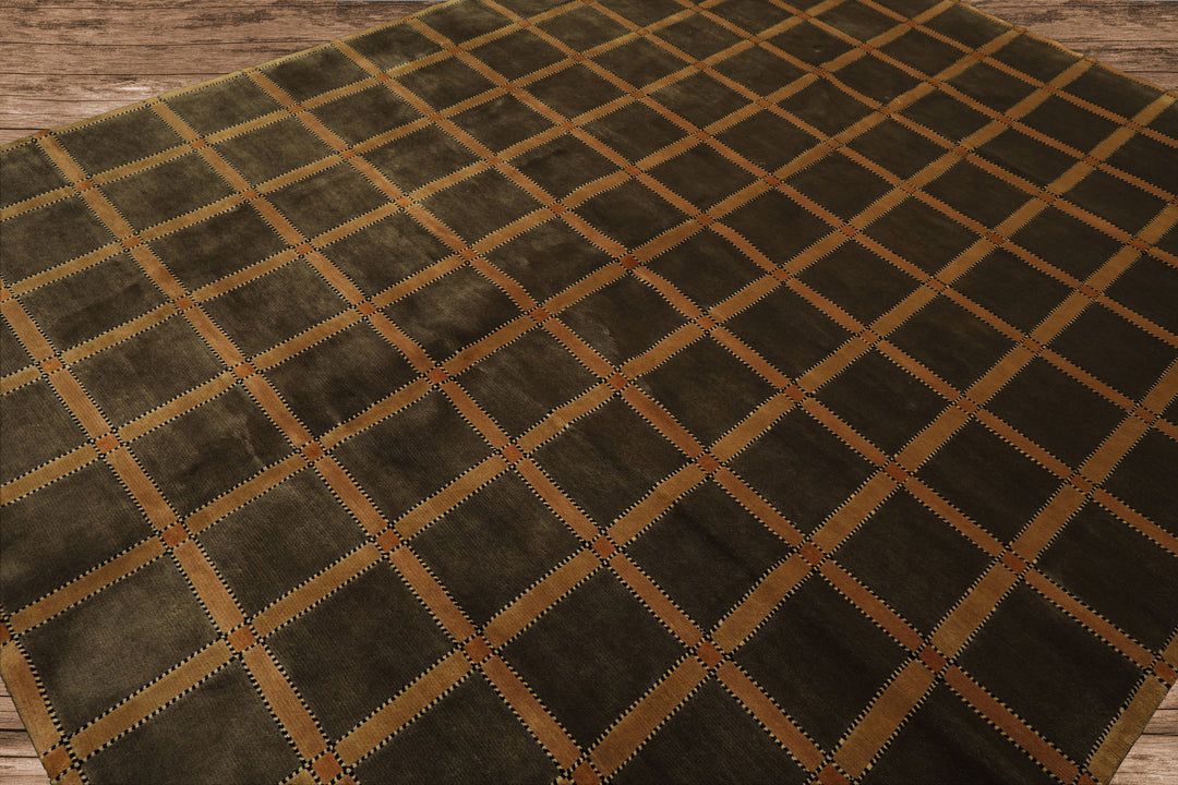 8x10 Mossy Green, Caramel, Tan Color Hand Knotted Tibetan? Wool Transitional Oriental Rug