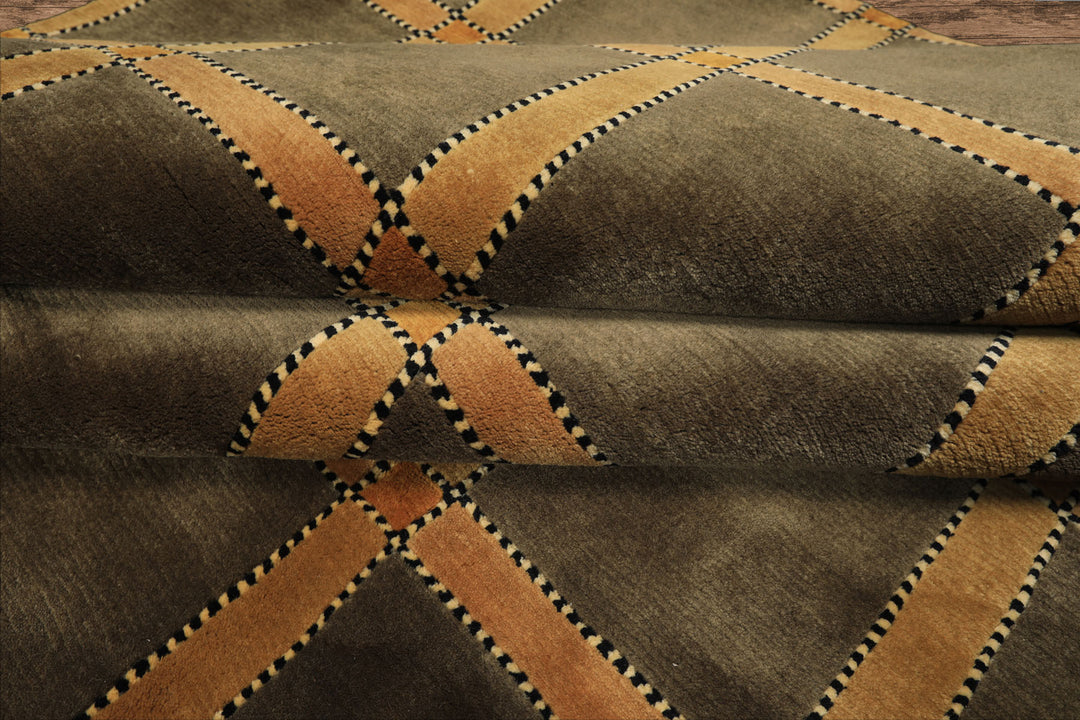 8x10 Mossy Green, Caramel, Tan Color Hand Knotted Tibetan? Wool Transitional Oriental Rug