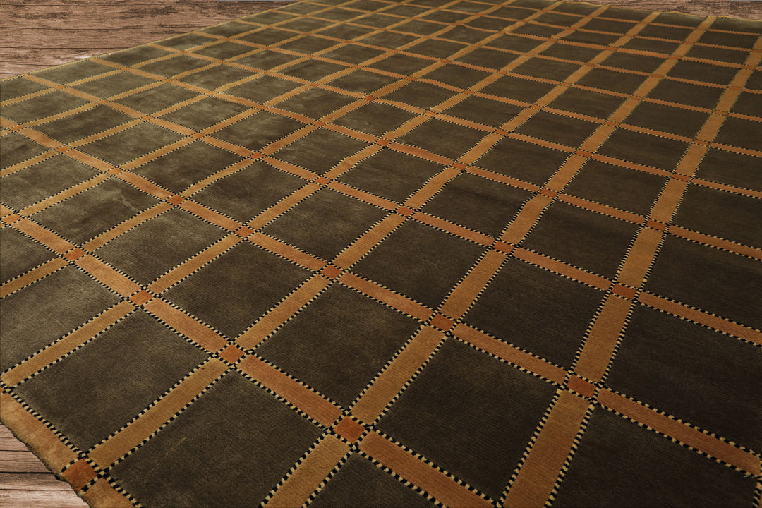 8x10 Mossy Green, Caramel, Tan Color Hand Knotted Tibetan? Wool Transitional Oriental Rug