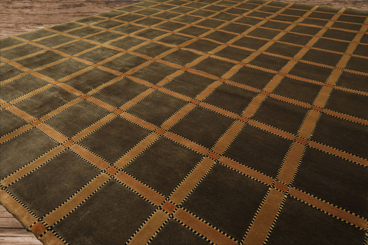 8x10 Mossy Green, Caramel, Tan Color Hand Knotted Tibetan? Wool Transitional Oriental Rug