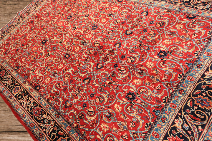7x10 Red, Midnight Blue, Orange Color Hand Knotted Kashmar Wool Traditional Oriental Rug