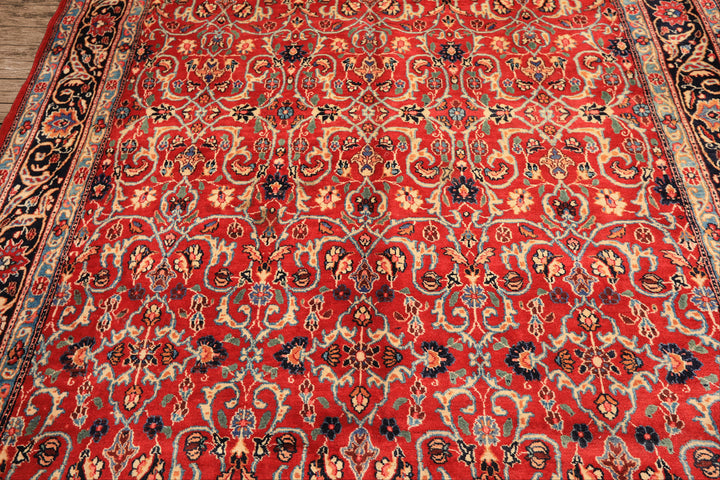 7x10 Red, Midnight Blue, Orange Color Hand Knotted Kashmar Wool Traditional Oriental Rug