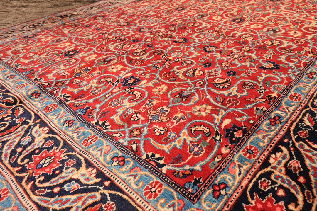 7x10 Red, Midnight Blue, Orange Color Hand Knotted Kashmar Wool Traditional Oriental Rug