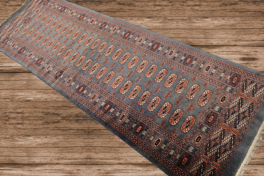 Runner Slate, Taupe, Ivory Color Hand Knotted Bokhara Wool Traditional Oriental Rug