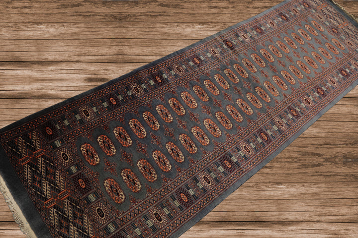 Runner Slate, Taupe, Ivory Color Hand Knotted Bokhara Wool Traditional Oriental Rug