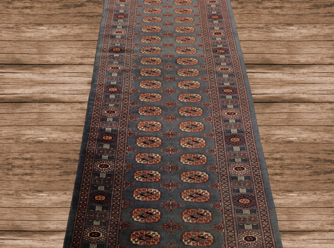 Runner Slate, Taupe, Ivory Color Hand Knotted Bokhara Wool Traditional Oriental Rug