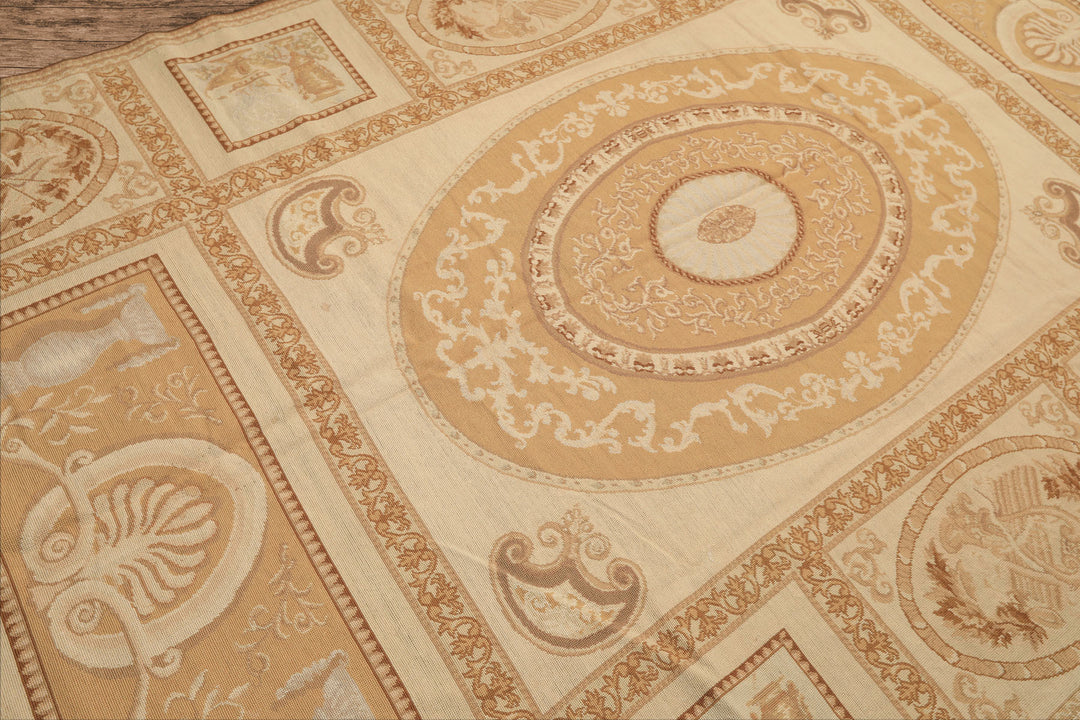 6x9 Beige, Tan, Brown Color Hand Woven Needlepoint Wool Traditional Oriental Rug