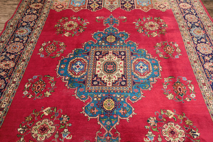 8x11 Coral, Navy, Ivory Color Hand Knotted Tabriz Wool Traditional Oriental Rug