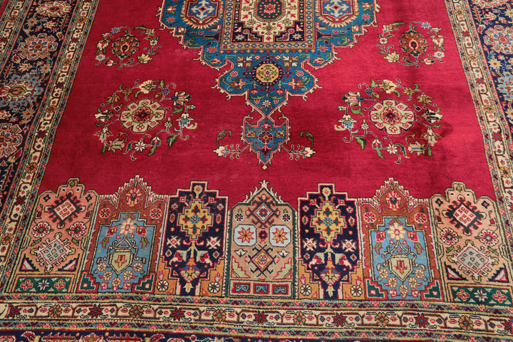 8x11 Coral, Navy, Ivory Color Hand Knotted Tabriz Wool Traditional Oriental Rug