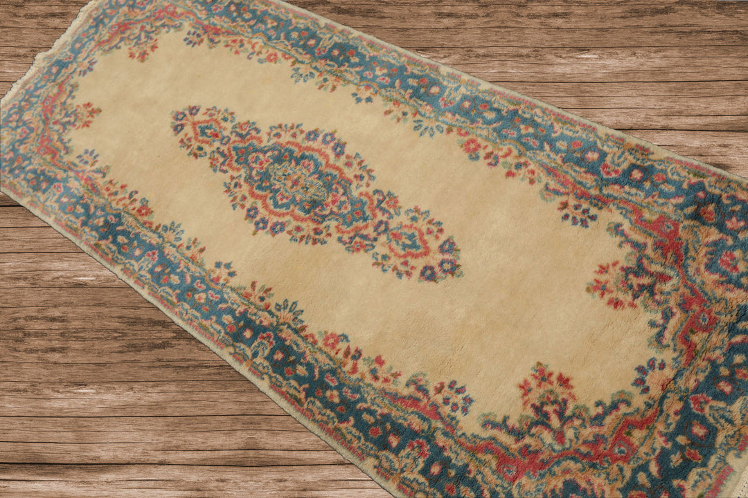 3x5 Ivory, Aqua, Green Color Hand Knotted Kerman Wool Traditional Oriental Rug