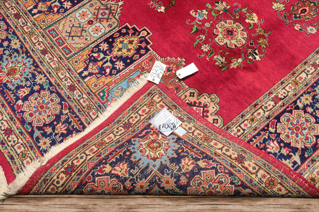 8x11 Coral, Navy, Ivory Color Hand Knotted Tabriz Wool Traditional Oriental Rug