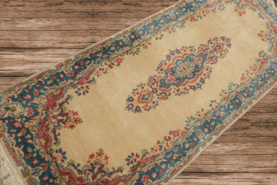 3x5 Ivory, Aqua, Green Color Hand Knotted Kerman Wool Traditional Oriental Rug