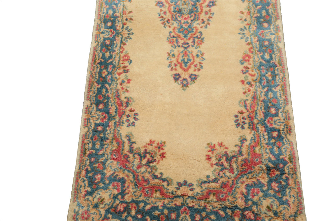 3x5 Ivory, Aqua, Green Color Hand Knotted Kerman Wool Traditional Oriental Rug