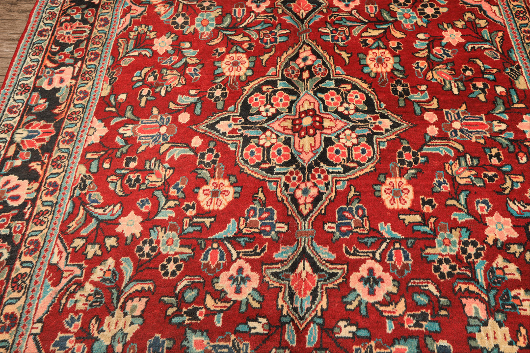 7x10 Rust, Charcoal, Pink Color Hand Knotted Sarouk Wool Traditional Oriental Rug