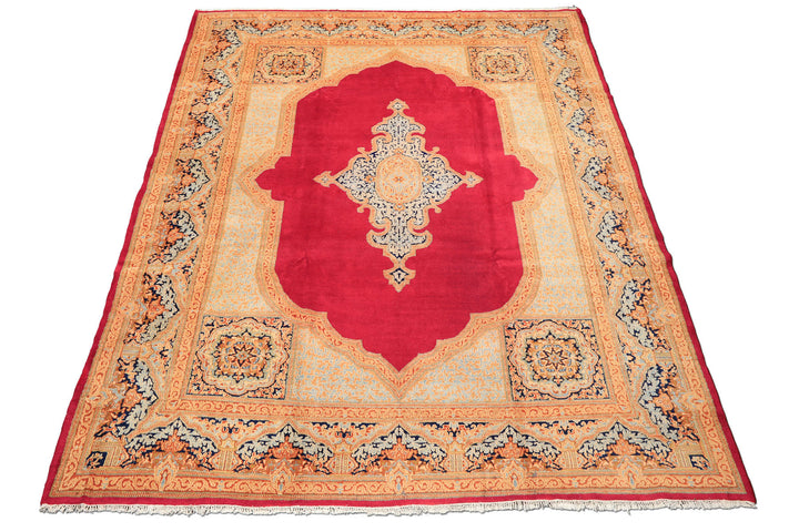 9x12 Ruby Red, Aqua, Navy Color Hand Knotted Kerman Wool Traditional Oriental Rug