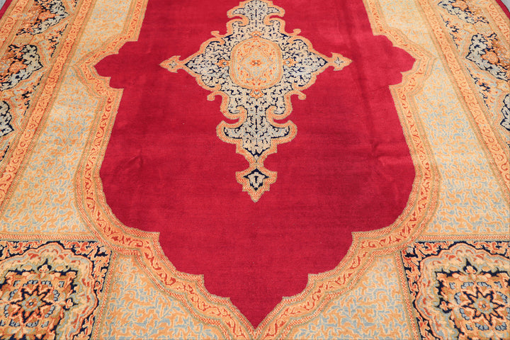 9x12 Ruby Red, Aqua, Navy Color Hand Knotted Kerman Wool Traditional Oriental Rug