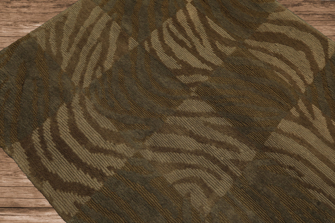 Square Tan, Brown, Beige Color Hand Knotted Tibetan Wool Modern & Contemporary Oriental Rug