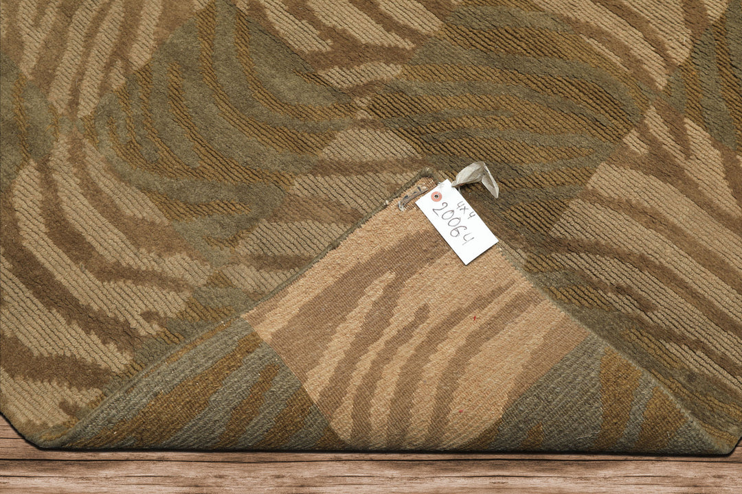 Square Tan, Brown, Beige Color Hand Knotted Tibetan Wool Modern & Contemporary Oriental Rug