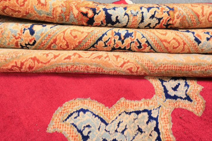 9x12 Ruby Red, Aqua, Navy Color Hand Knotted Kerman Wool Traditional Oriental Rug