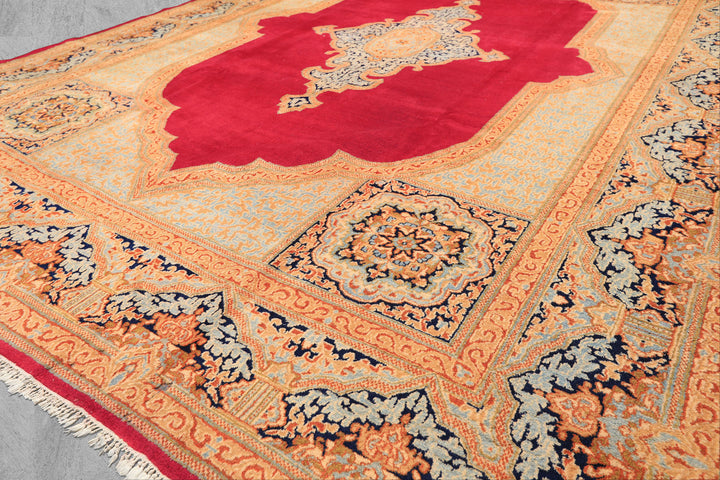 9x12 Ruby Red, Aqua, Navy Color Hand Knotted Kerman Wool Traditional Oriental Rug